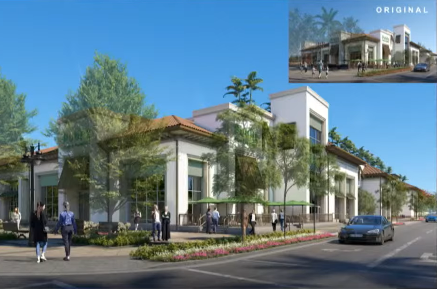 Rendering of a new Publix supermarket building with pedestrians, landscaping, and street view.