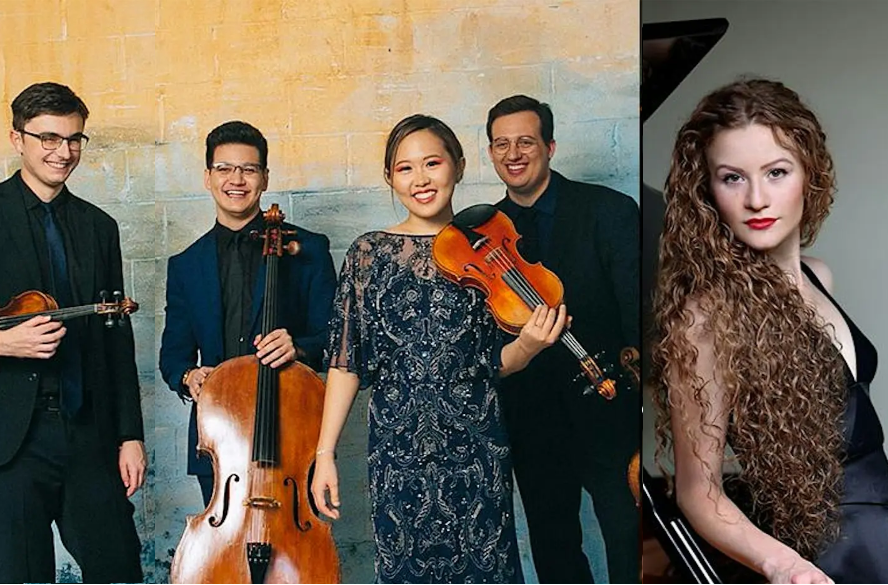 Four string musicians holding violin, viola, and cello stand together, alongside a portrait of a pianist seated at a piano.