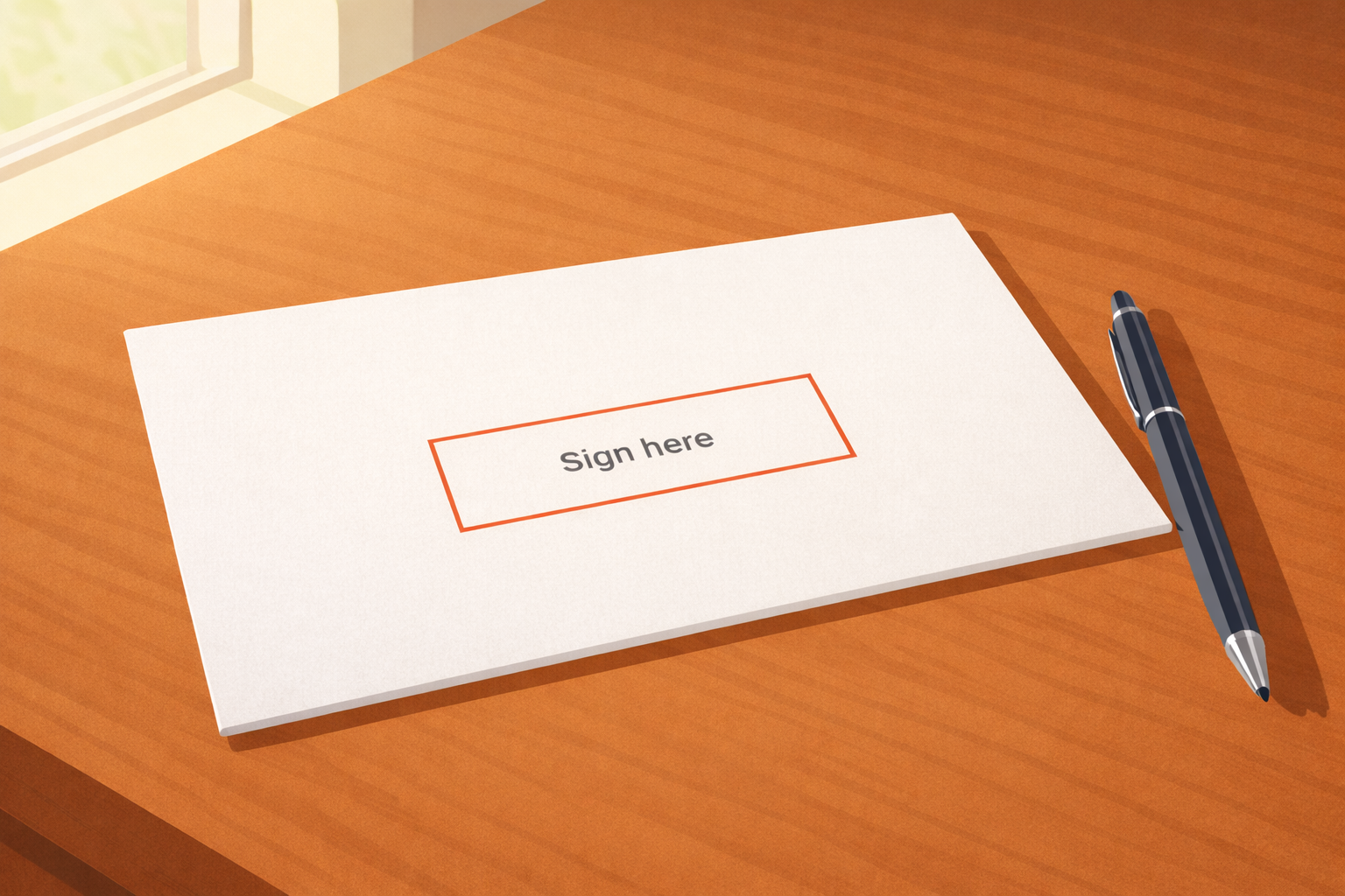 Editorial illustration of an unsigned mail ballot envelope on a wood surface with a pen beside it, showing an empty red signature box.