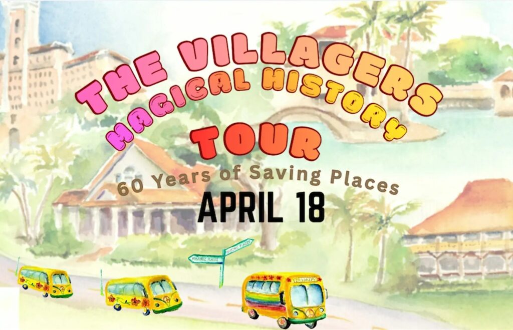 Illustrated poster for the Villagers Magical History Tour showing colorful buses, historic buildings, and the date April 18.