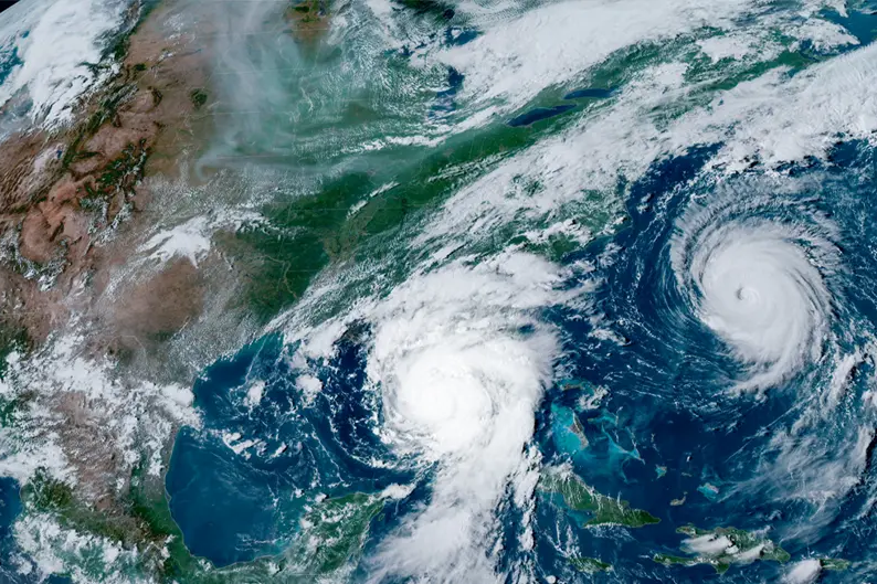 NOAA’s GOES-16 satellite captured Hurricane Idalia approaching the western coast of Florida while Hurricane Franklin churned in the Atlantic Ocean on Aug. 29, 2023. An El Niño event this year could suppress hurricane activity in the basin. (Photo courtesy of NOAA)