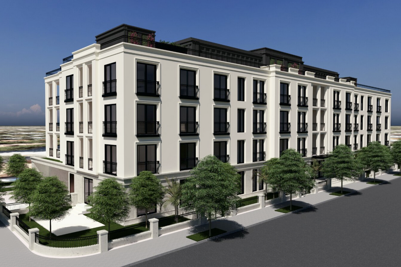 Architectural rendering of a white four-story residential building with black-framed windows, individual balconies, and classical French-inspired facade details. The building is set along a tree-lined street with a low white perimeter fence and landscaped grounds. A rooftop level with greenery is visible above the fourth floor.