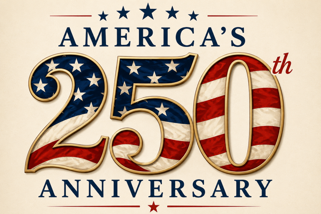 Patriotic “America’s 250th Anniversary” graphic featuring large red, white, and blue numbers styled with the American flag against a cream background with stars and decorative accents.