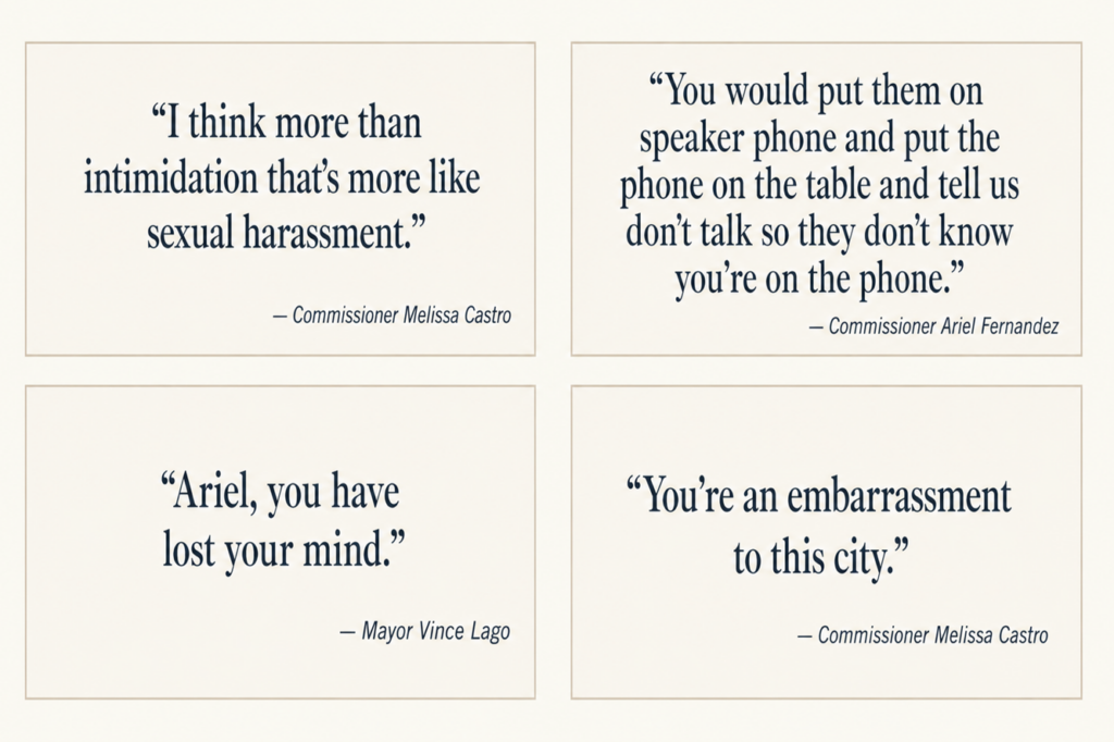 A four-panel quote graphic featuring statements made by Coral Gables commissioners during the May 19, 2026 city commission meeting. Top left: "I think more than intimidation that's more like sexual harassment." — Commissioner Melissa Castro. Top right: "You would put them on speaker phone and put the phone on the table and tell us don't talk so they don't know you're on the phone." — Commissioner Ariel Fernandez. Bottom left: "Ariel, you have lost your mind." — Mayor Vince Lago. Bottom right: "You're an embarrassment to this city." — Commissioner Melissa Castro.