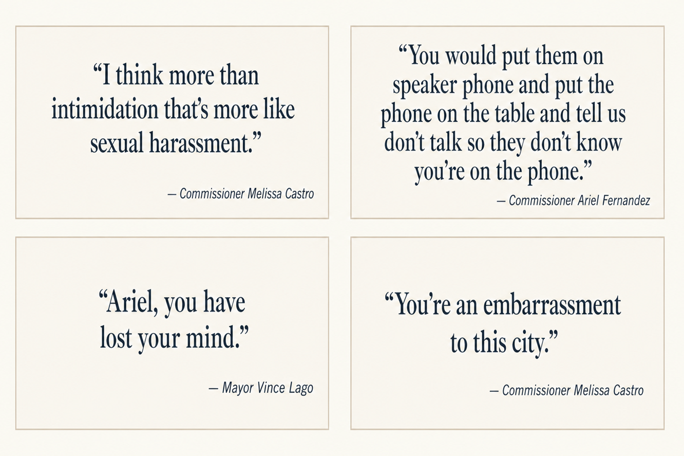 A four-panel quote graphic featuring statements made by Coral Gables commissioners during the May 19, 2026 city commission meeting. Top left: "I think more than intimidation that's more like sexual harassment." — Commissioner Melissa Castro. Top right: "You would put them on speaker phone and put the phone on the table and tell us don't talk so they don't know you're on the phone." — Commissioner Ariel Fernandez. Bottom left: "Ariel, you have lost your mind." — Mayor Vince Lago. Bottom right: "You're an embarrassment to this city." — Commissioner Melissa Castro.