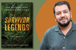 Promotional image featuring the cover of Survivor Legends: The Players Who Changed the Game beside author Shaan Merchant against a green and orange background.