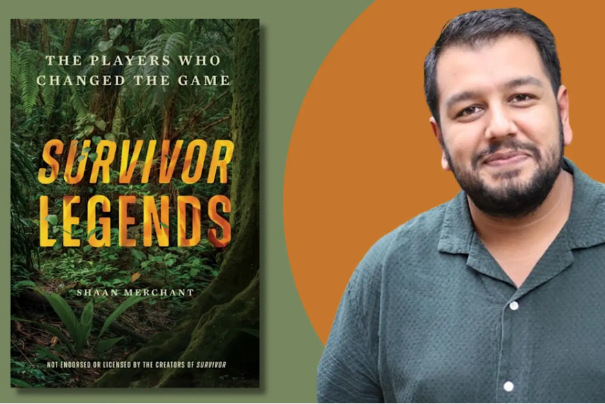 Promotional image featuring the cover of Survivor Legends: The Players Who Changed the Game beside author Shaan Merchant against a green and orange background.