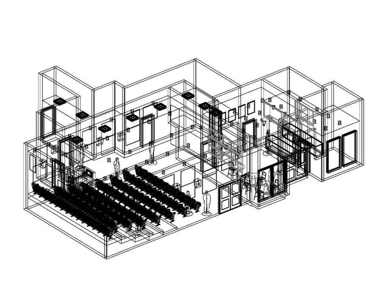 An isometric architectural line drawing showing the interior layout of the planned Coral Gables Art Cinema expansion at 240 Aragon Avenue. The rendering depicts rows of theater seating in the auditorium at left, a lobby and entry area at center, and additional rooms including administrative and support spaces at right. Human figures are shown for scale throughout.