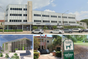 A four-panel collage showing the medical office buildings at 475 and 495 Biltmore Way, an architectural rendering of the proposed Coral Gables Mobility Hub, the War Memorial Youth Center, and the 520 University Drive parcel with a pet waste station sign at the center of the city’s proposed dog park dispute.