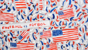 A close-up detail of Daniel Supervielle’s painting Estados Unidos, showing a dense field of red, white, and blue brushstrokes, multiple American flags, scattered stylized faces, and a hand-painted banner reading “Football es Fútbol,” evoking the movement and energy of a World Cup stadium crowd.