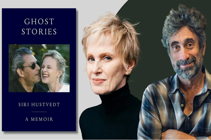 Book cover of Ghost Stories by Siri Hustvedt with a photo of her and Paul Auster, next to separate portraits of Hustvedt and Auster.