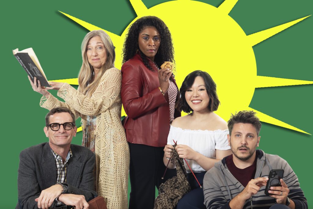 ive theater artists pose against a green background with a large yellow paper sun. Director Stuart Meltzer sits at left in a blazer with a briefcase. Standing and seated around him, left to right: Jeni Hacker in a lace duster holding a book, Rita Cole in a red leather jacket holding a scone, Jordyn Moone in a white off-shoulder top knitting, and Ryan Didato in a hoodie holding a phone. All are barefoot on a children's alphabet play mat.