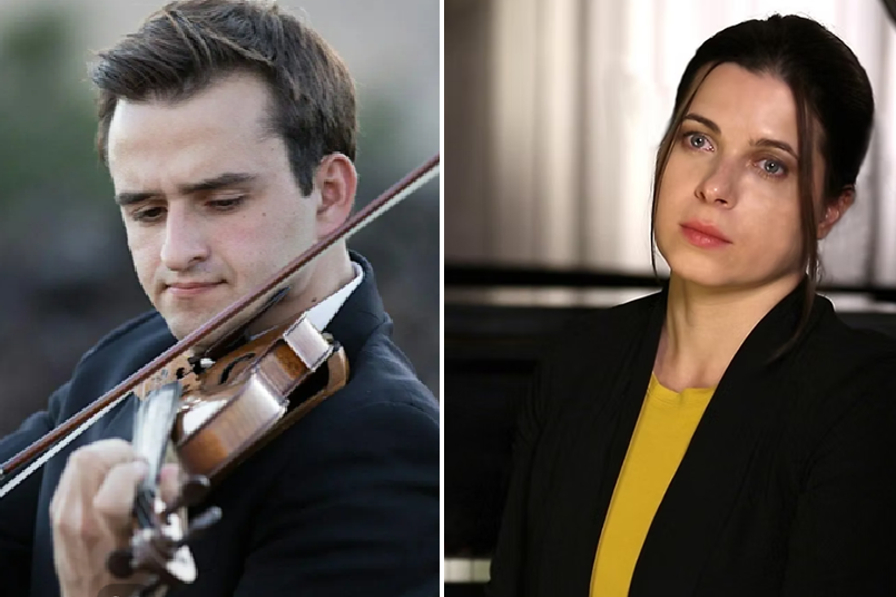 Side-by-side portraits of violinist William Hagen playing violin and pianist Marina Radiushina seated beside a piano.