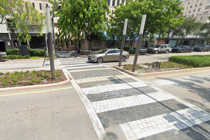 The mid-block crosswalk at the 200 block of Miracle Mile, where Marisol Linares Zubillaga fell in November 2024. City records show the location was identified as needing repair in 2020 and 2021. (Google Maps)