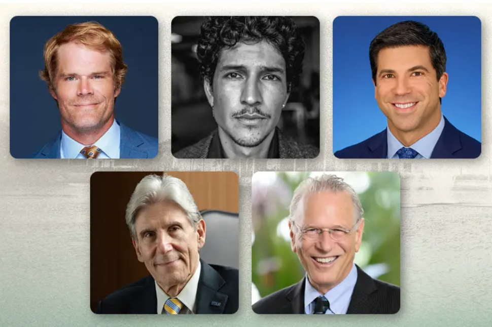 A collage of five professional headshots arranged in two rows against a light textured background. Top row, left to right: a tall redheaded man in a blue blazer; a young man with dark curly hair in a black-and-white portrait; a dark-haired man in a suit against a blue background. Bottom row, left to right: an older man with silver hair wearing a UCLA-branded jacket; an older man with silver hair and glasses smiling outdoors.