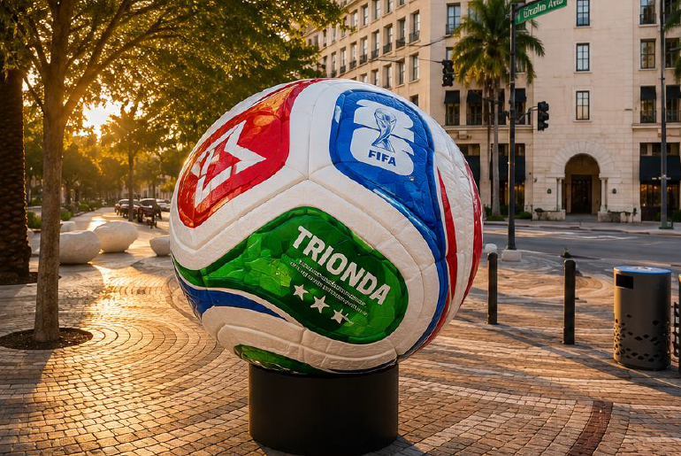 A rendering of the FIFA "Trionda" World Cup match ball sculpture installed on Giralda Plaza in downtown Coral Gables, showing the large colorful ball bearing the FIFA and adidas logos on a black pedestal, surrounded by brick pavers, palm trees, and the Giralda Avenue streetscape at golden hour.