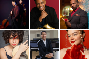 Six-photo collage featuring performers in the 2026 Community Arts Program Summer Concert Series: Empire Wild with cello and double bass, saxophonist Langston Hughes II, vibraphonist Warren Wolf, vocalist Kate Kortum, pianist Clayton Stephenson seated before a grand piano, and guitarist Leonela Alejandro holding a classical guitar.