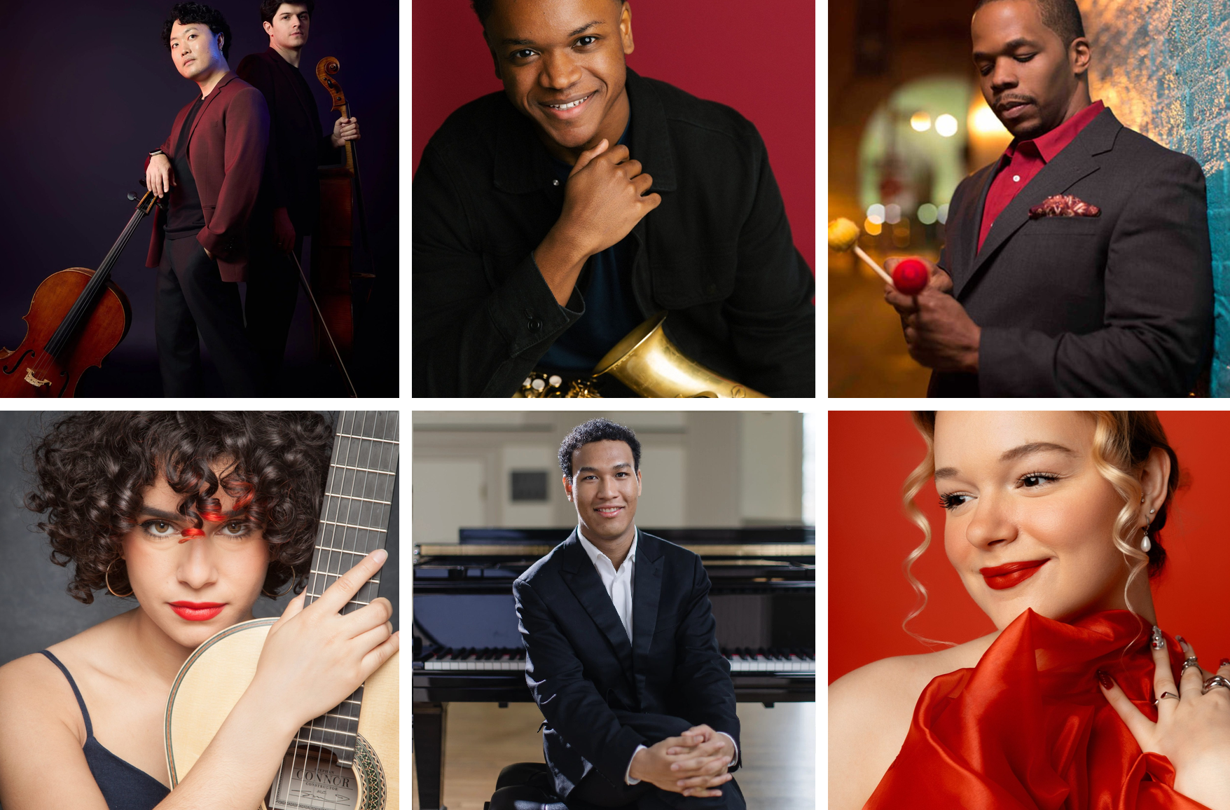 Six-photo collage featuring performers in the 2026 Community Arts Program Summer Concert Series: Empire Wild with cello and double bass, saxophonist Langston Hughes II, vibraphonist Warren Wolf, vocalist Kate Kortum, pianist Clayton Stephenson seated before a grand piano, and guitarist Leonela Alejandro holding a classical guitar.
