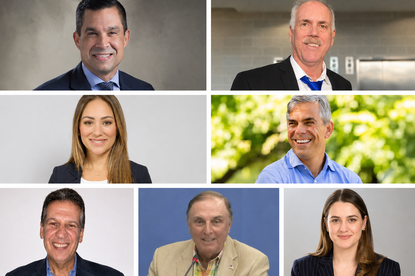 Composite image of seven Coral Gables election candidates arranged in three rows: Vince Lago, Jackson “Rip” Holmes, Melissa Castro, Nestor Menendez, Jose A. Riera, Gonzalo Sanabria and Dominique “Nikki” Whiting.