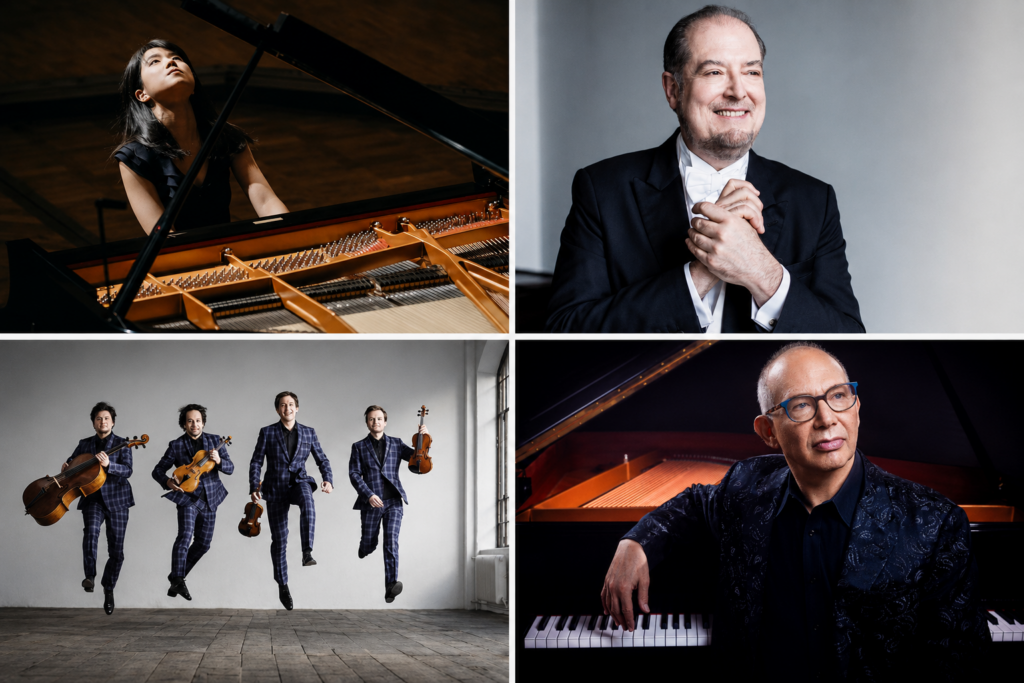 Four-panel collage of Frost Chopin Academy & Festival artists, including pianists Kate Liu, Garrick Ohlsson and Ted Rosenthal, and the Apollon Musagète Quartet.