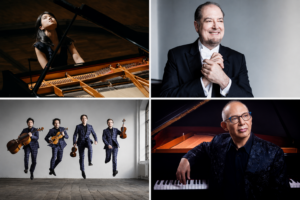 Four-panel collage of Frost Chopin Academy & Festival artists, including pianists Kate Liu, Garrick Ohlsson and Ted Rosenthal, and the Apollon Musagète Quartet.