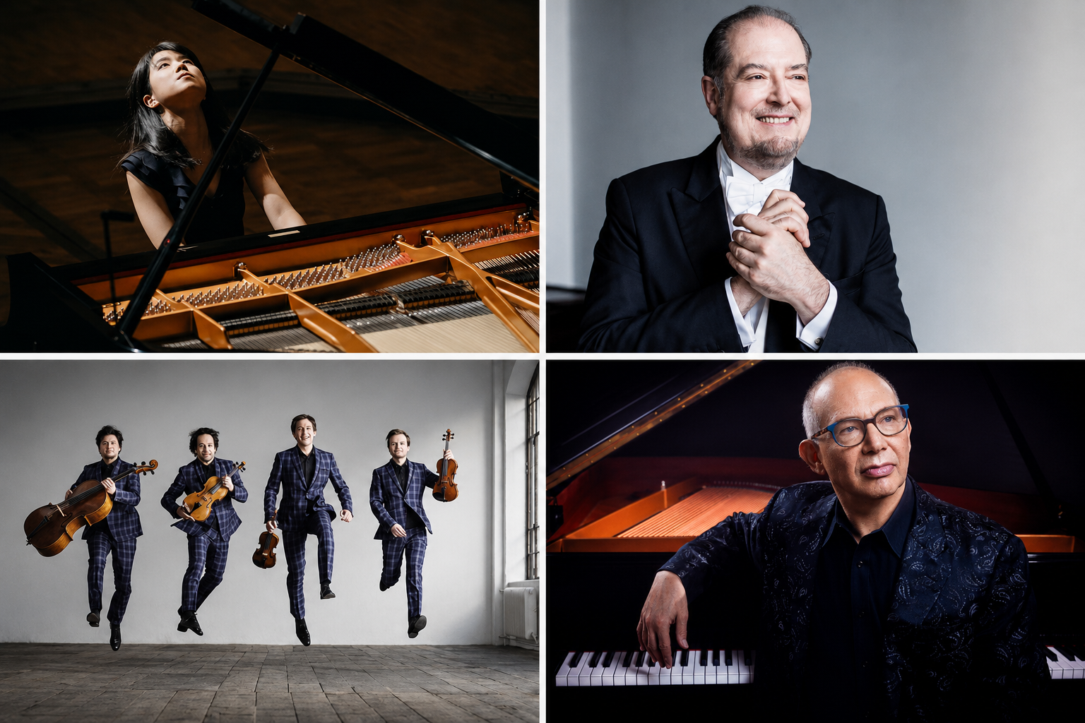Four-panel collage of Frost Chopin Academy & Festival artists, including pianists Kate Liu, Garrick Ohlsson and Ted Rosenthal, and the Apollon Musagète Quartet.