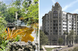 Left, a lush tropical garden with a stone fountain, a small statue, and dense greenery surrounding a pool of water. Right, an architectural rendering of a nine-story Mediterranean-style mixed-use building with arched windows and a domed tower, seen from a street corner.