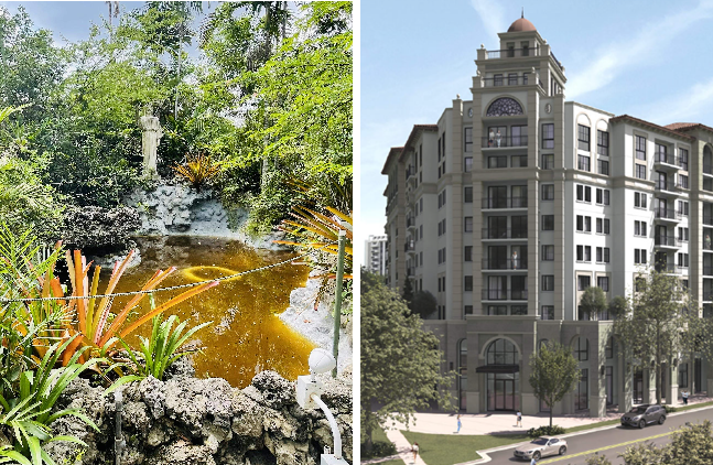 Left, a lush tropical garden with a stone fountain, a small statue, and dense greenery surrounding a pool of water. Right, an architectural rendering of a nine-story Mediterranean-style mixed-use building with arched windows and a domed tower, seen from a street corner.