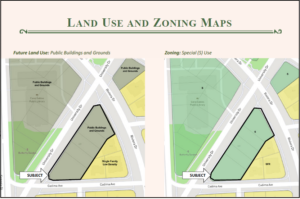 Land-use and zoning maps showing the 520 University Drive property outlined near University Drive, Riviera Drive and Cadima Avenue in Coral Gables.