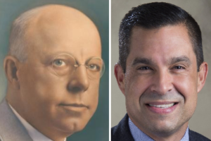 Composite image showing a painted portrait of an older bald man with glasses beside a color headshot of a smiling dark-haired man in a suit.