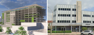 Side-by-side image showing a rendering of the proposed mobility hub and a photo of the office building at 475 Biltmore Way in Coral Gables.
