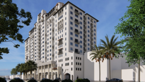 Architectural rendering of a tall white apartment tower with balconies, arched ground-floor details, palm trees and cars along a street.