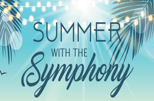 Promotional graphic for Summer with the Symphony, featuring stylized tropical palm fronds, string lights, and a teal summer sky.