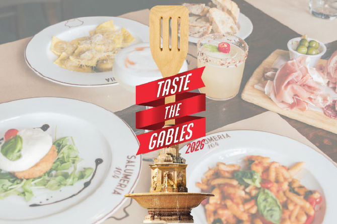 Promotional graphic for Taste the Gables 2026 over a background of plated dishes, a cocktail and charcuterie.