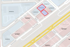 Map of the University of Miami campus area showing red-outlined parcels along Ponce de Leon Boulevard and Levante Avenue proposed for land-use reclassification.