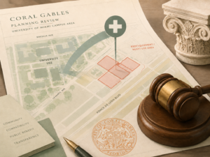 Editorial illustration showing a Coral Gables planning document with a hospital cross pin over red-outlined parcels in the University of Miami campus Multi-Use Area along Ponce de Leon Boulevard, flanked by a City of Coral Gables seal, a judicial gavel, a Corinthian architectural capital, and a notecard reading Community, Compatibility, Public Benefit, Transparency.