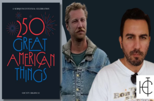 Composite image showing the cover of 250 Great American Things beside portraits of Ryan Baesemann and Alex Perez.