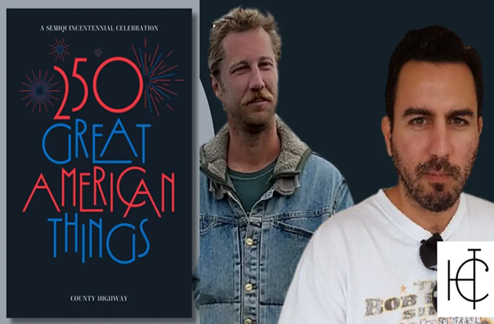 Composite image showing the cover of 250 Great American Things beside portraits of Ryan Baesemann and Alex Perez.