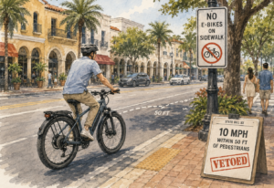 Watercolor-style illustration of a helmeted e-bike rider traveling in the street beside a Coral Gables-style commercial district, with an intact “No e-bikes on sidewalk” sign and a separate vetoed proposal for a 10-mph limit within 50 feet of pedestrians.