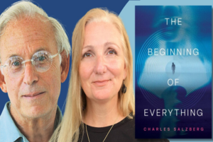 Portraits of Charles Salzberg and Traci Hall beside the blue cover of The Beginning of Everything.