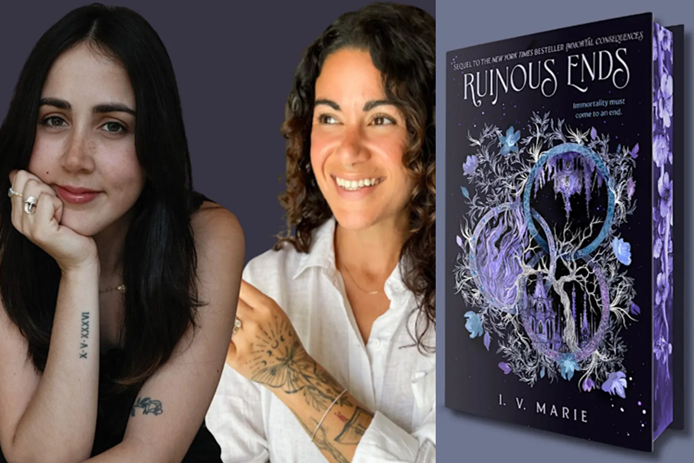 Composite image showing two women beside the cover of Ruinous Ends, a dark fantasy novel with purple floral and skull imagery.