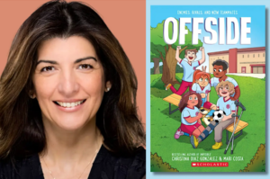Composite image showing author Christina Diaz Gonzalez beside the cover of Offside, a graphic novel featuring middle school soccer players.