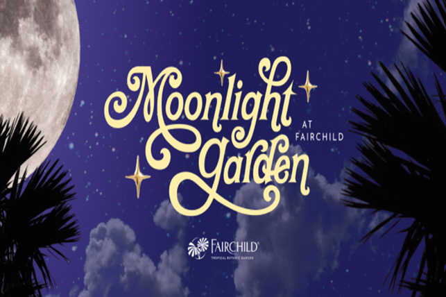 Promotional graphic for “Moonlight Garden at Fairchild” with a full moon, stars, clouds and silhouetted palm fronds against a deep blue night sky.