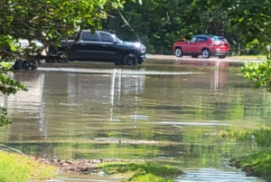 Flooded roadway with standing water reflecting trees and two cars driving past.