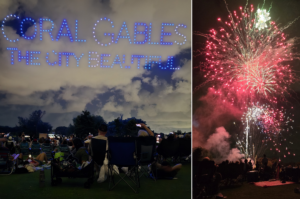 Split image showing Coral Gables Fourth of July spectators watching a drone message in the sky on the left and red fireworks bursting overhead on the right.