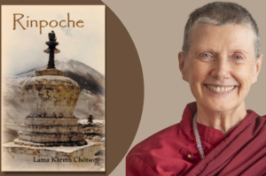 Cover of the novel Rinpoche beside a smiling Buddhist nun in maroon robes against a beige background.