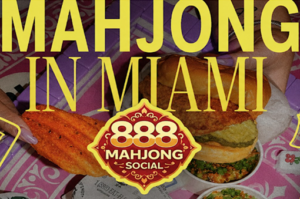 Promotional graphic reading “Mahjong in Miami” over fried chicken sandwiches, mahjong tiles and the 888 Mahjong Social logo.