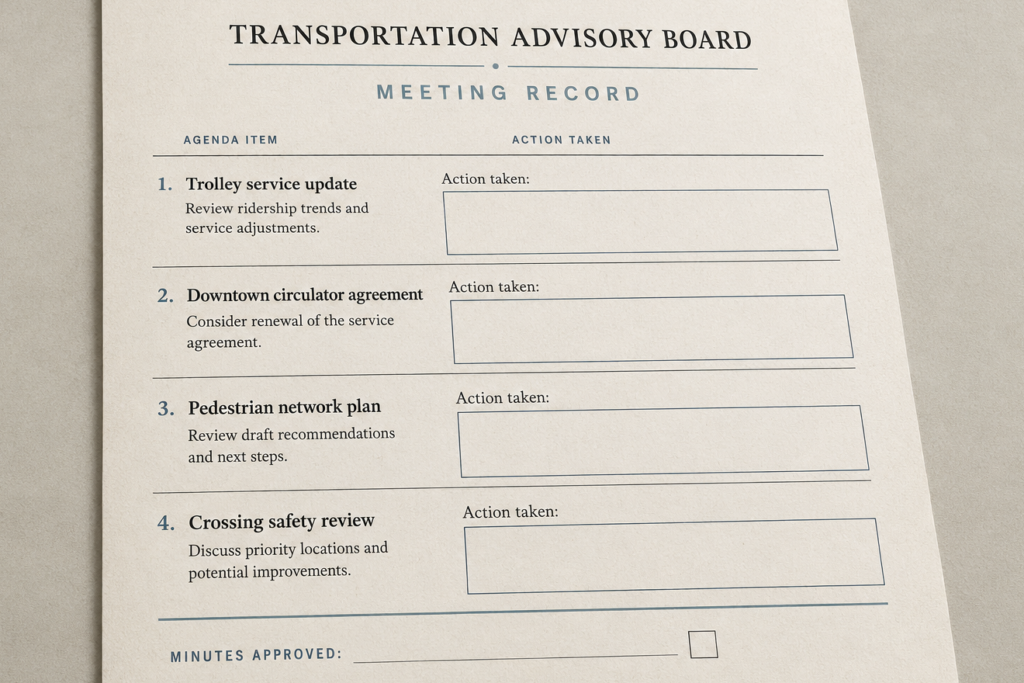 Blank Transportation Advisory Board meeting record with four agenda items, empty “Action taken” fields and an unsigned “Minutes approved” line.