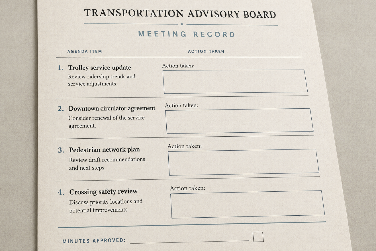 Blank Transportation Advisory Board meeting record with four agenda items, empty “Action taken” fields and an unsigned “Minutes approved” line.