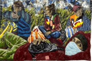 Painting of several people outdoors, including one person reclining in the foreground wearing a face mask while others sit behind them reading or looking away.